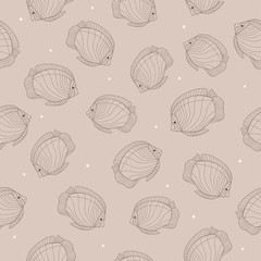 Hand drawn brown fishes with wavy stripes on beige background and white dots. Seamless sea fauna pattern.