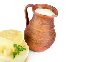 Clay jug milk and cream cheese isolated on white . Free space for text.