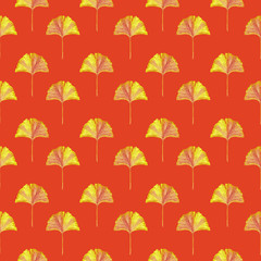 Yellow Ginkgo (Ginkgo biloba or maidenhair tree) leaves, hand painted watercolor illustration, seamless pattern design on red background