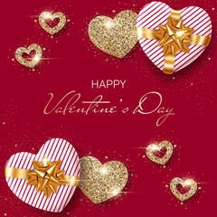Fototapeta na wymiar Valentines Day background with heart-shaped gift boxes and stylized hearts made of golden confetti. Greeting card, party invitation or sale banner template