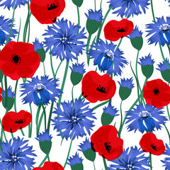 Seamless vector pattern with cornflowers and poppy. Hand drawn ornament with blue wildflower. Perfect for greetings, invitations, manufacture wrapping paper, textile, web design.