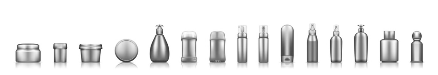 Silver cosmetic bottles mockup on white background: soap, shampoo, cream, lotion, deodorant. Plastic package design. Blank cosmetic, hygiene and skin care template. Set of 3d vector illustrations