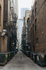 Garbage cans stand between buildings in a courtyard of Chicago.