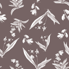 Fototapeta premium Botanical seamless pattern. The first spring flowers hand drawn in brown colors. Use for fabric, wrapping paper, wallpaper. Scilla, Scylla