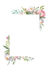 Fototapeta premium Watercolor hand painted frame with roses, green leaves. Wedding invitations, greeting cart. 