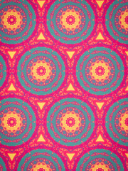 Abstract complex vintage circles background in vibrant colors. Detailed retro illustration. Colorful circles in red, pink, lila, blue and yellow.