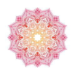 Round hand drawn floral mandala. Oriental vector illustration red orange color.