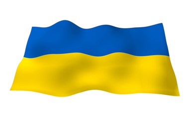 The flag of Ukraine on a white background. National flag and state ensign. Blue and yellow bicolour. 3D illustration waving flag