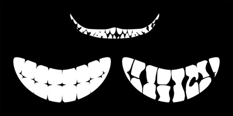 Mad wide smiles set black and white. Protect- mask design on black background - obrazy, fototapety, plakaty