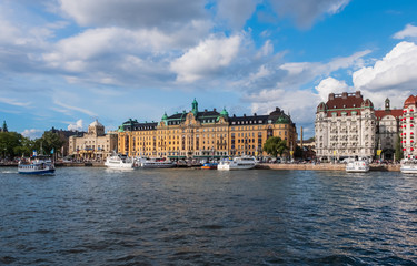 Fototapeta na wymiar Panoramic view on buildings on Strandvagen embankment, Stockholm, Sweden. August 2018