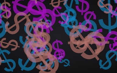 Multicolored translucent dollar signs on dark background. Red tones. 3D illustration