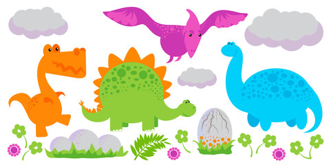 Colorful simple flat vector dinosaur set.