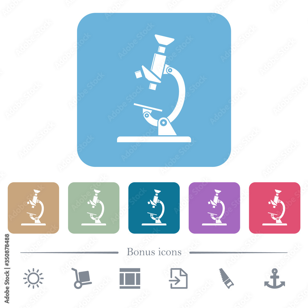 Poster microscope flat icons on color rounded square backgrounds