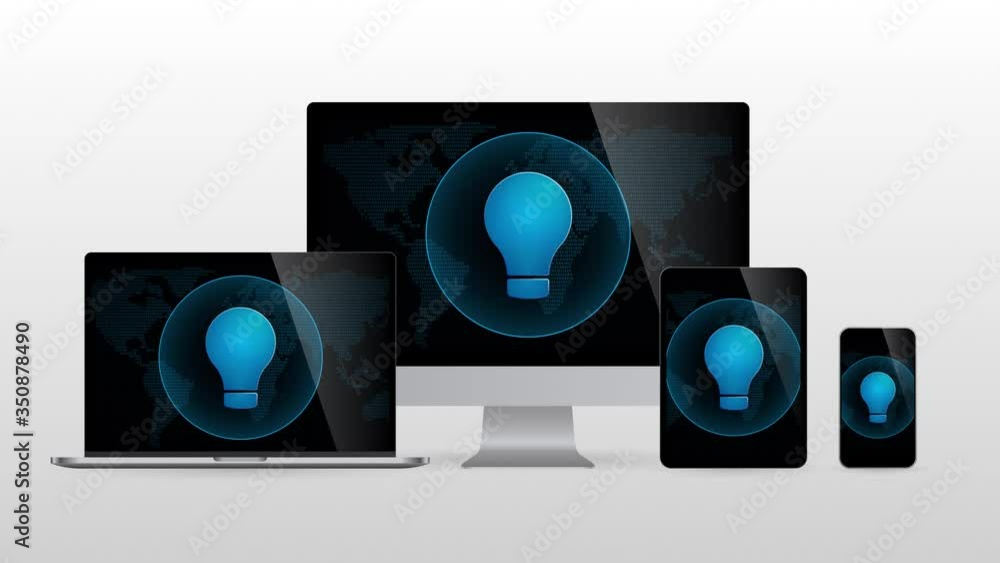 Poster digital world devices with light bulb lamp. realistic set of computer monitors with idea icon in scr