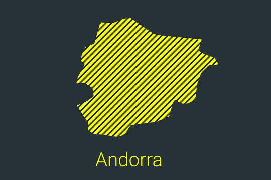 Map of Andorra, striped map in a black strip on a yellow background for coronavirus infographics and quarantine area markers and restrictions. vector