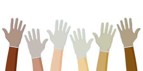 Hands of Various World Ethnicities People Protected with Gloves Antiviral Coronavirus Pandemy Devoted Concept - All Races Skintones on White Background - Mixed Graphic Design