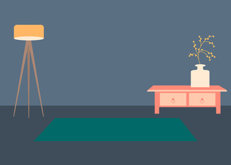 Vector interior flat design illustration. Home in colorful furniture of simple living room in trendy style. Design of a cozy room with house decor accessories and plants. Decorative elements