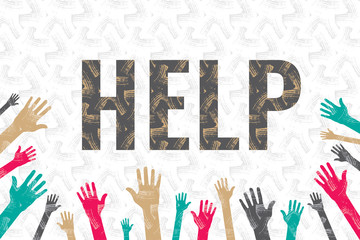 Donation Horizontal Leaflet Booklet or Banner Template with Plenty Hands of Various People Symbolizing Human Community Help - Multicolor on Decorative Plaster Background - Flat Graphic Design