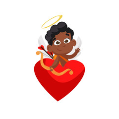 Afro cupid sitting in red heart illustration. Kid, love, romantic, angel. Saint Valentines Day concept. illustration can be used for topics like romantic, love, celebration, greeting card