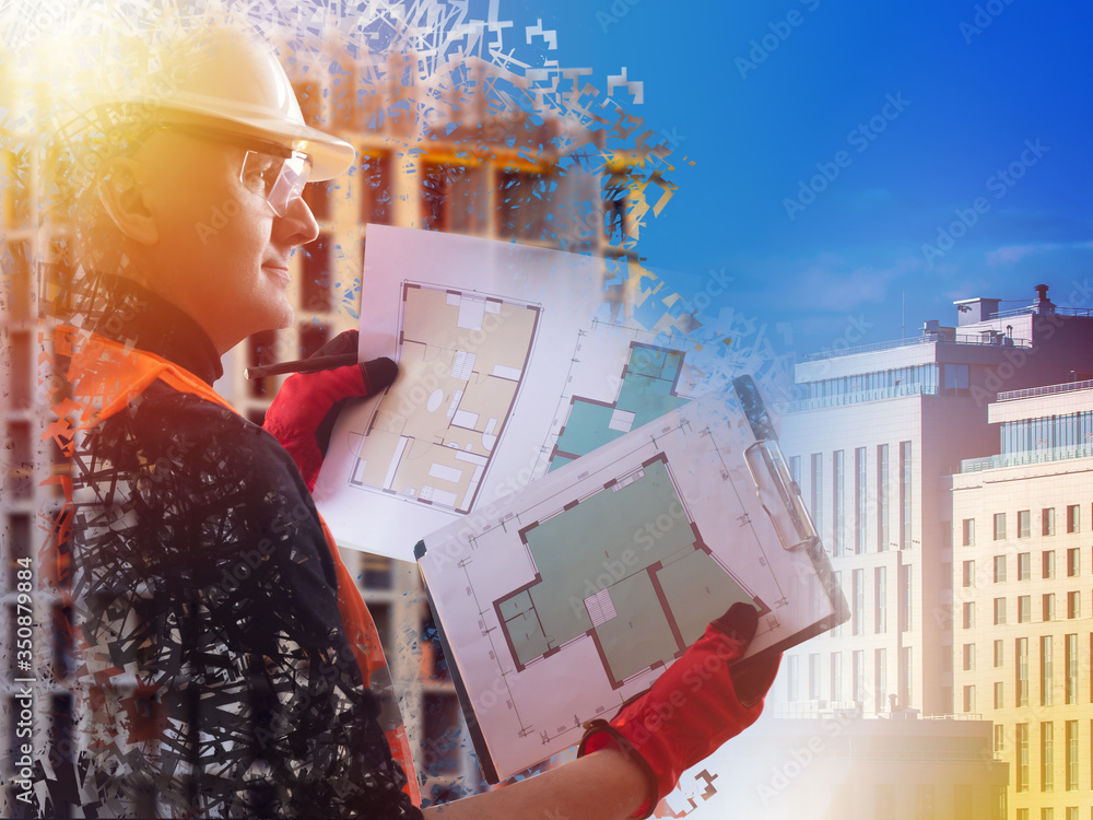 Poster architect with construction documentation on the background of the building. a man in a white helmet