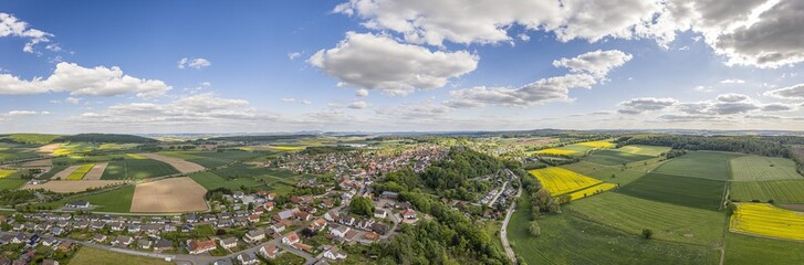 Fototapeta na wymiar Panoramic drone picture of the town Diemelstadt in northern Hesse in Germany during daytime