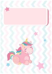 Stylish postcard with a delicate pink unicorn for the baby. Stars and zigzags around the horses are multi-colored purple, pink, blue . Vector illustration for kids. Holiday invitation, congratulation.