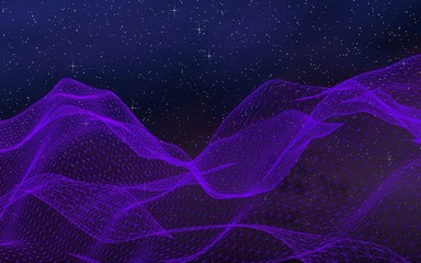 Abstract ultraviolet landscape on a dark background. Purple cyberspace grid. hi tech network. Outer space. Violet starry outer space texture. 3D illustration