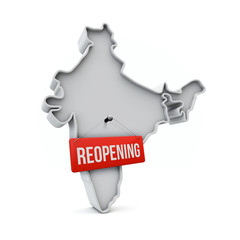 India map with red reopening sign after quarantine. 3D Rendering