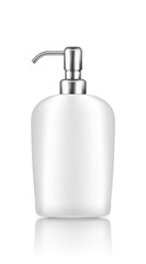 Pump bottle mockup with silver cap isolated on white background: lotion, disinfectant, sanitizer. Plastic package design. Blank cosmetic, hygiene, skincare template. 3d realistic vector illustration