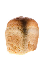 Rectangular loaf of tasty bread with crunchy golden crust isolated on white background. Unleavened baked products, carbohydrates diet, healthy nutrition concept. Vertical shot.