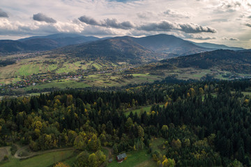Obraz premium Beskid mountains in Zywiec Poland, Polish mountains and hills aerial drone photo