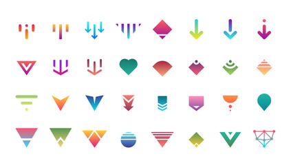 Swipe top down download icon scroll colored pictogram set isolated for blogger web ui ux design. Vector colorful arrow bottom for application and social network website. Gradient button illustration