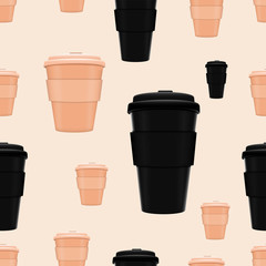 Seamless morning coffee hot drink cup tea to go illustration. background pattern in vector.