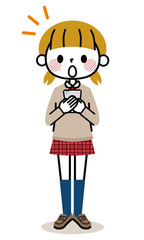 学生　女の子　スマホ　驚く