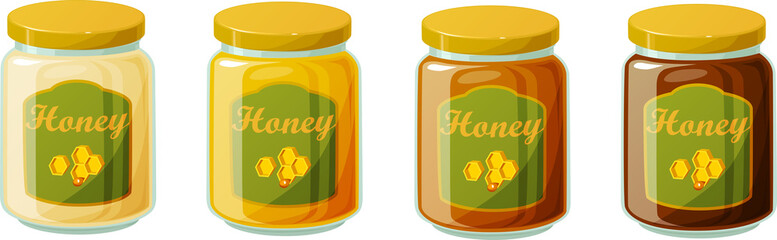Vector illustration of various kinds of honey in glass jars isolated on white background