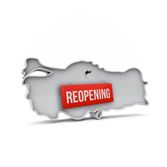 Turkey map with red reopening sign after quarantine. 3D Rendering