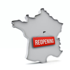 France map with red reopening sign after quarantine. 3D Rendering
