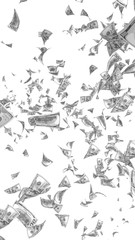 Flying dollars banknotes isolated on white background. Money is flying in the air. 100 US banknotes new sample. Black and white style. 3D illustration