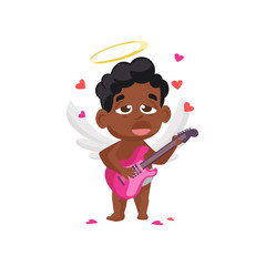 Afro cupid playing guitar illustration. Singing, angel, music. Saint Valentines Day concept. illustration can be used for topics like romantic, love, celebration, greeting card