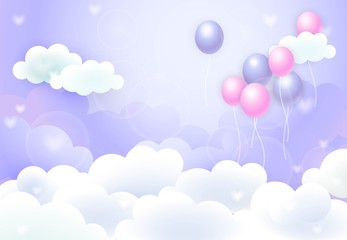 Fototapeta na wymiar Pink and purple balloons flying among white clouds. Childhood, party, Valentines Day. Holiday concept. illustration can be used for banners, greeting cards, leaflets