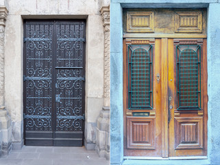 two wooden doors with beautiful decorative metal trim in the historical part of various European cities