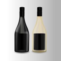 Glass bottle. Black and white version. Wine or champagne. Isolated vector