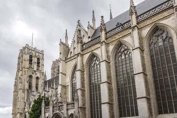 Architectural fragments of Cathedral of St. Michael and St. Gudula - Roman Catholic church on the Treurenberg Hill in Brussels, Belgium.