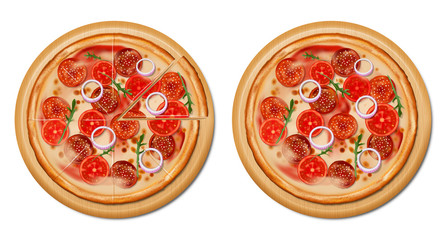 Traditional italian pizza Top view. Realistic pizza with tomato, cheese, olive, pepperoni, onion, basil. Isolated european snack. vector illustration.