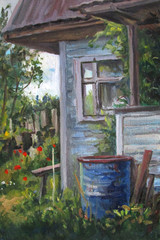 Country house details, summer day, oil painting