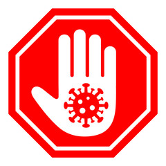 illustration of a stop hand sign depicting a virus on a white background