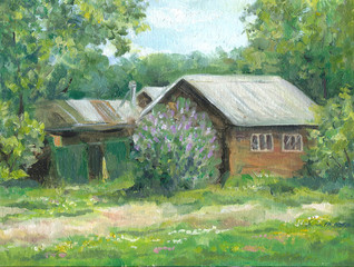 House in spring, country life, oil painting