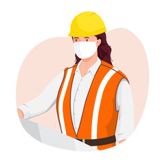 Women architect wearing medical mask. avatar profession vector illustration