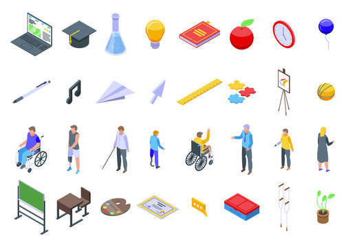 Inclusive education icons set. Isometric set of inclusive education vector icons for web design isolated on white background
