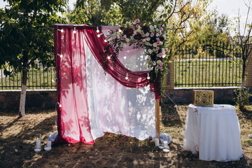 Ceremony area. Wedding flower arch.